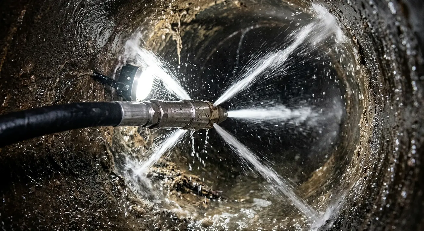 High-pressure hydro jetting nozzle cleaning sewer pipe for Sewer Cleanout in Eagle