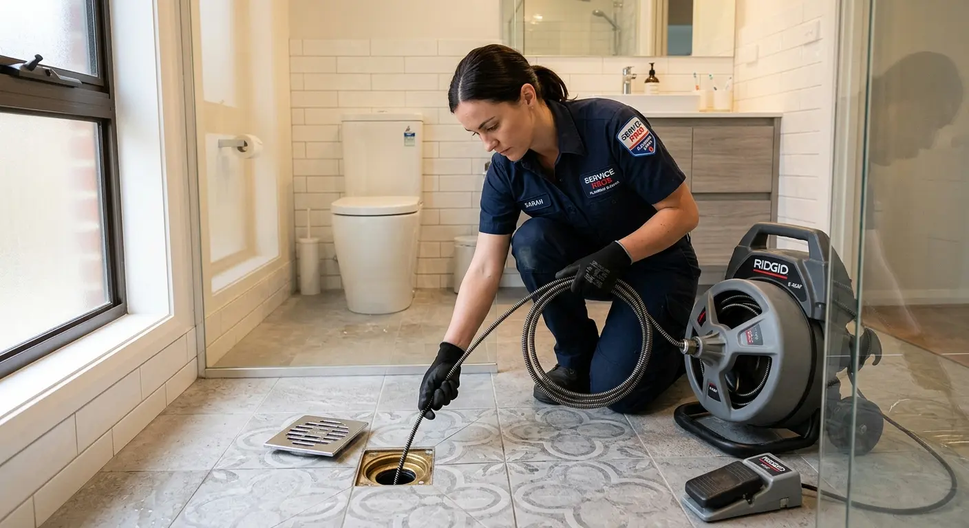Technician clearing a bathroom floor drain for Hydro Jetting in Eagle